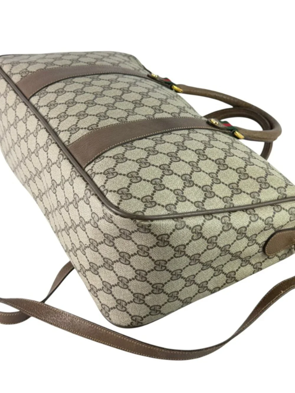 GUCCI Beige Canvas GG Monogram Web Accent Supreme Boston Bag Made in Italy